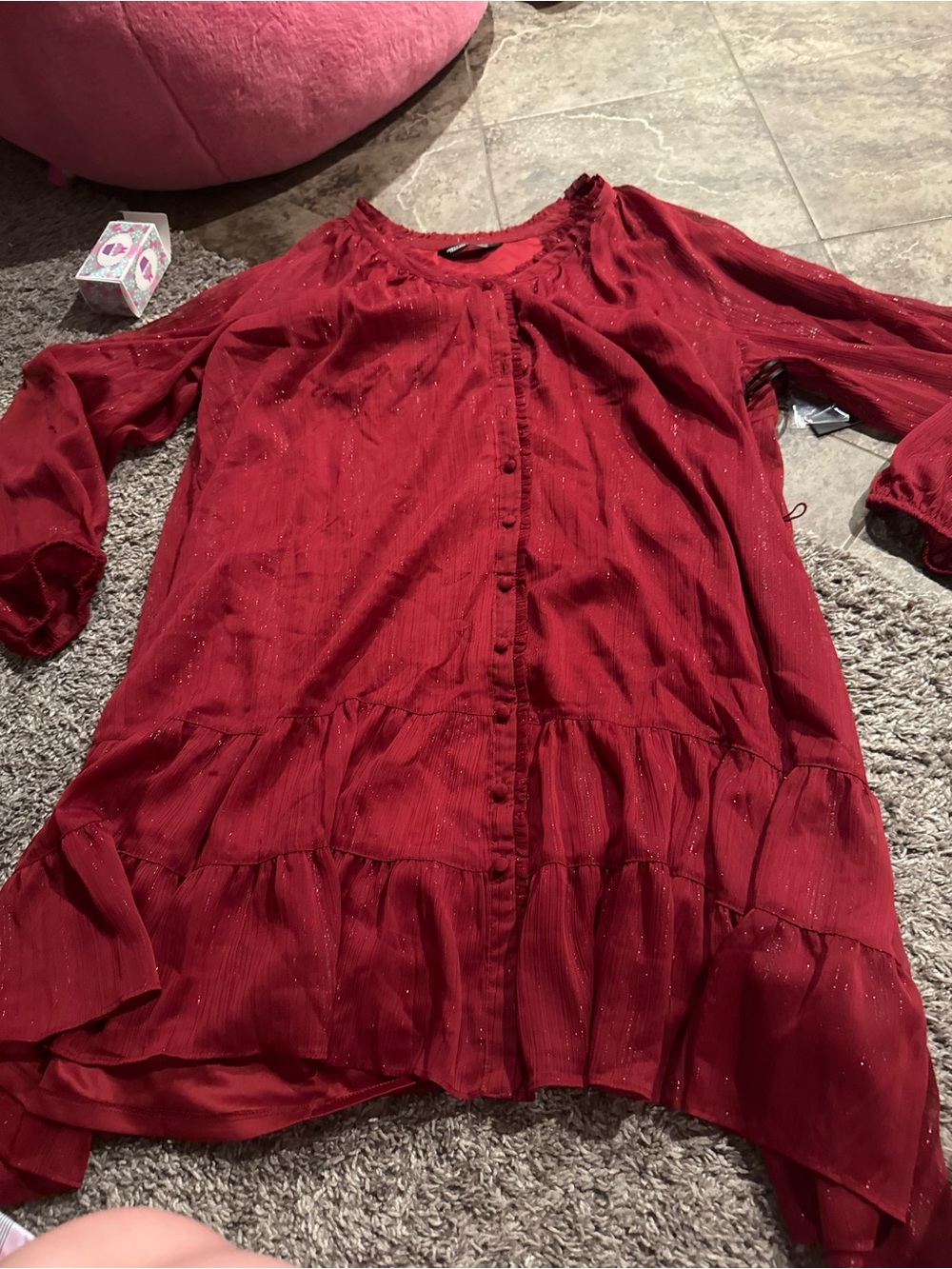 🥥Women’s Vera Wang Red Glitter Tiered Button-Front Dress